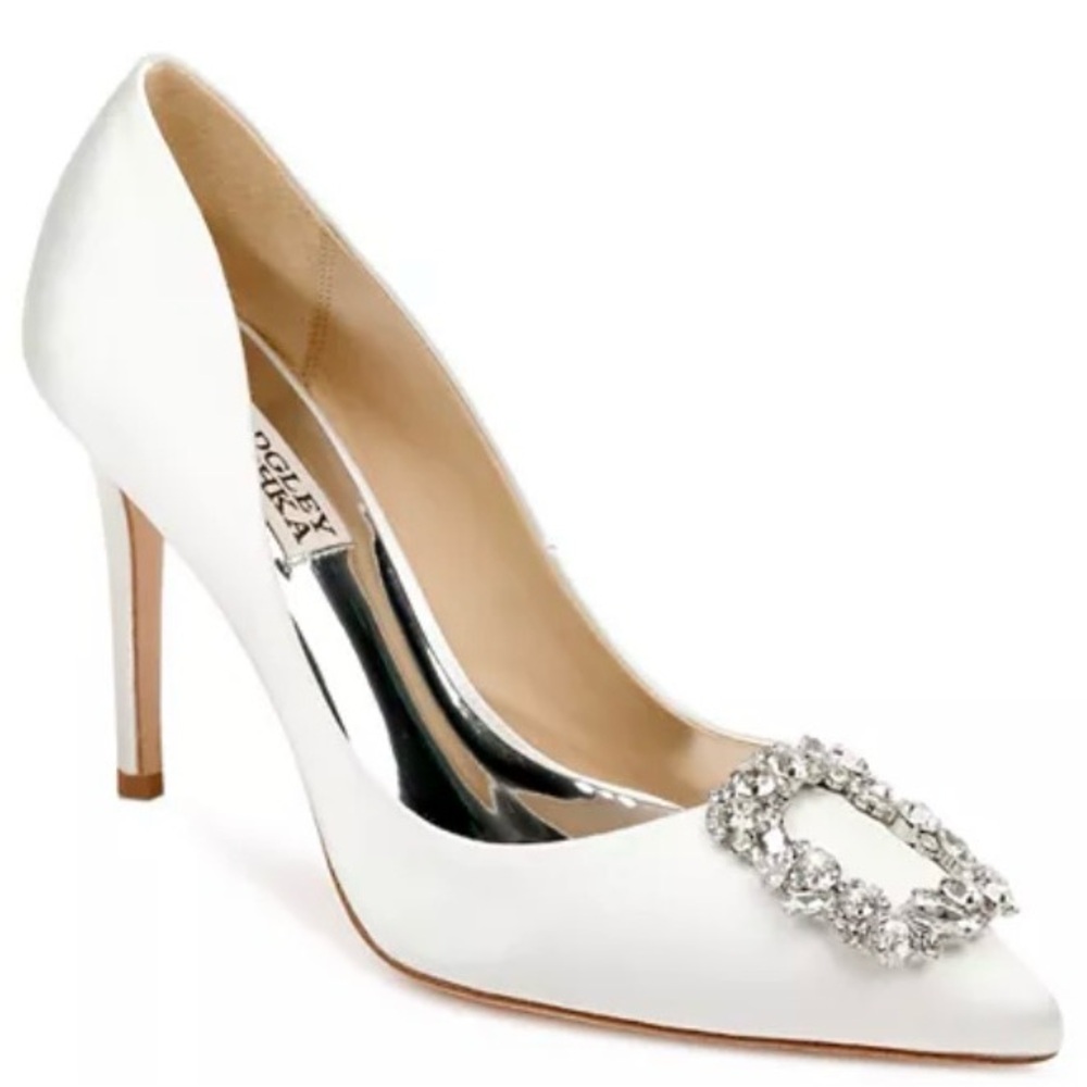 Badgley Mischka White Crystal Embellished Pointed Toe Pumps